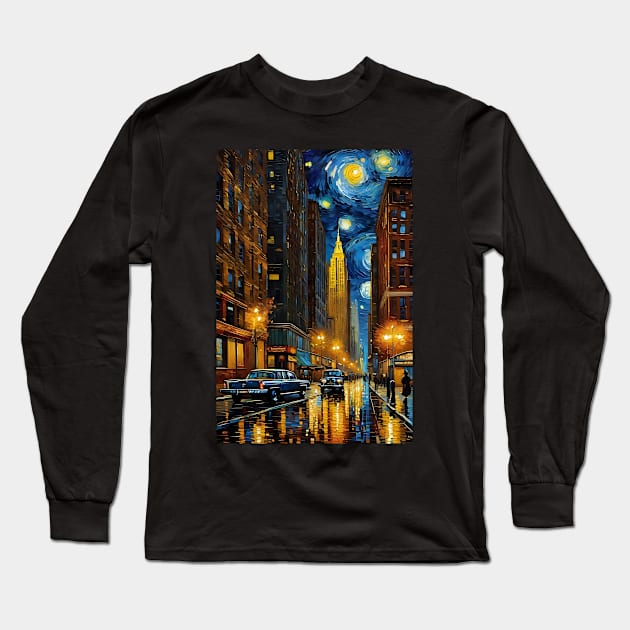 New York city streets in starry night style Long Sleeve T-Shirt by Spaceboyishere